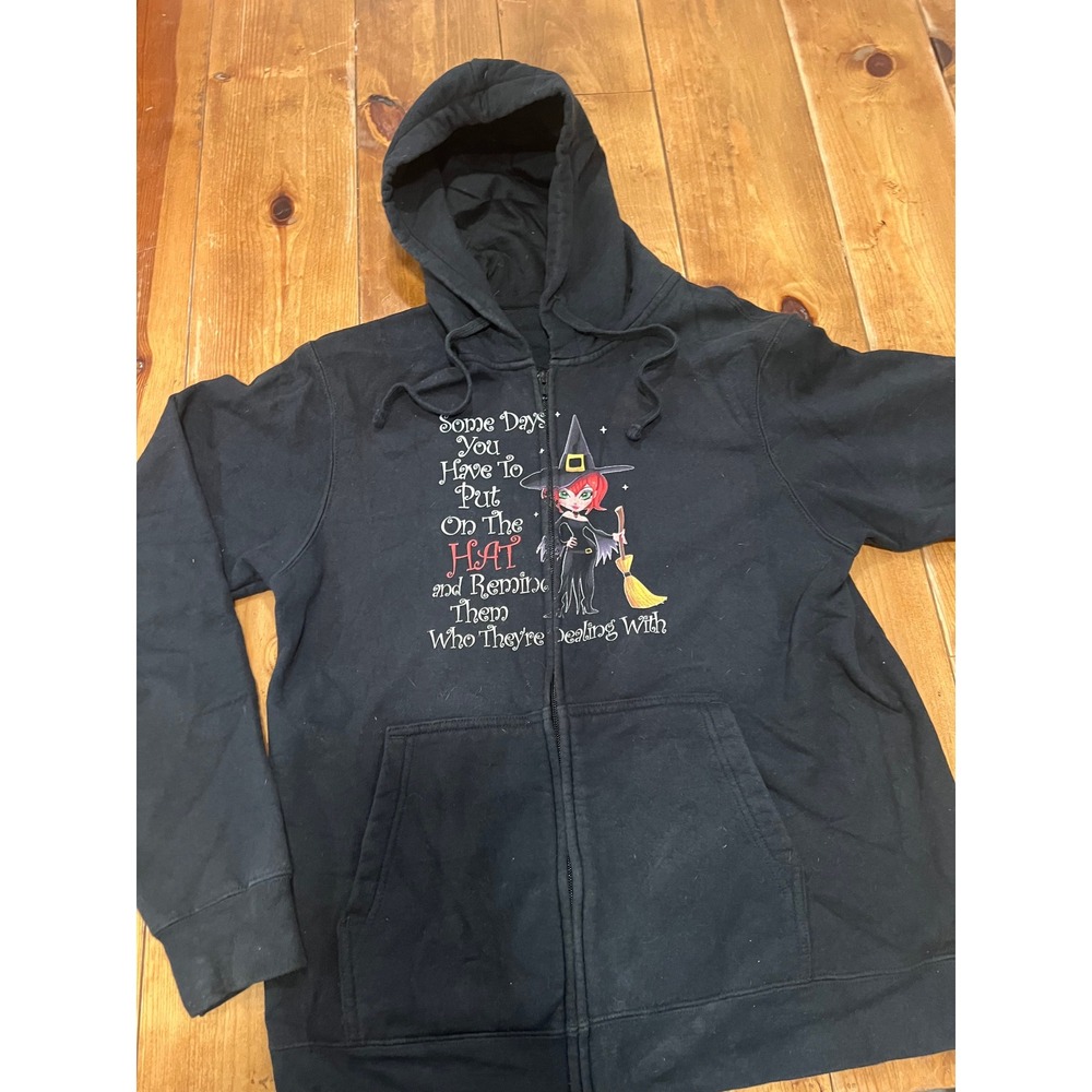 Port & Company Black Witch Graphic Zip Up Hoodie Sweatshirt Medium